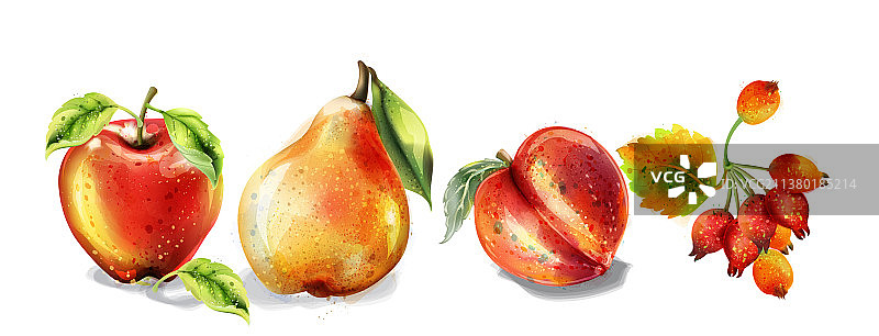 苹果、梨、桃水彩集五彩缤纷图片素材