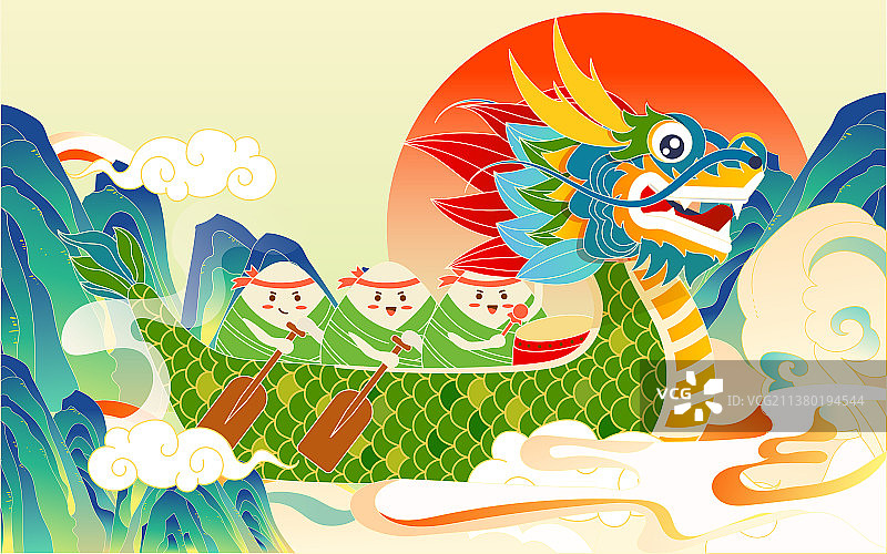国潮端午节赛龙舟插画传统节日浪花龙船海报图片素材
