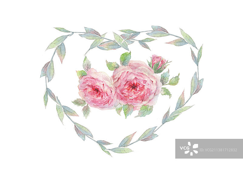 水彩手绘白色背景下的植物玫瑰花环图片素材