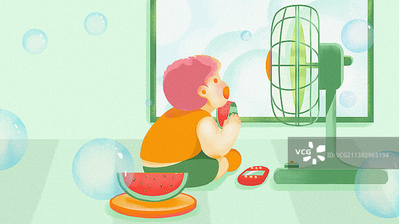 夏天的风和吃西瓜的小孩图片素材