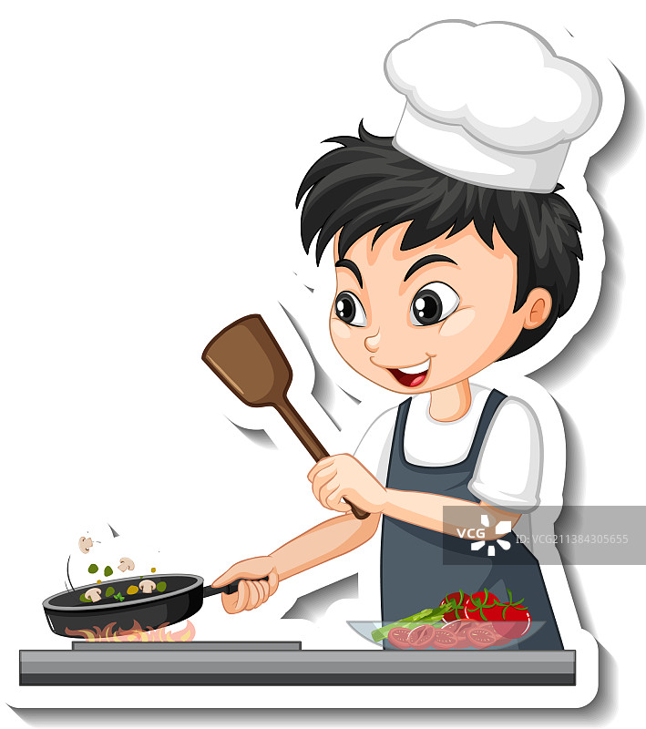 贴纸设计与厨师男孩烹饪食物卡通图片素材