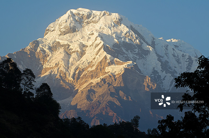 南安纳普尔纳山，在晴朗的天空下的雪山风景，甘德拉克，尼泊尔图片素材