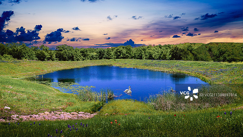 最后，在美国德克萨斯州，日落时湖泊衬着天空的风景图片素材