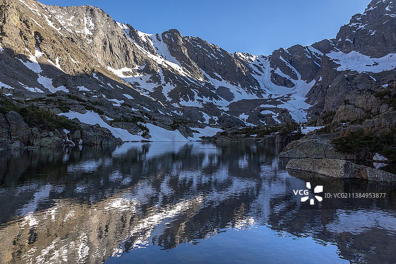 玻璃湖，白雪皑皑的山峰映衬着天空的湖景图片素材