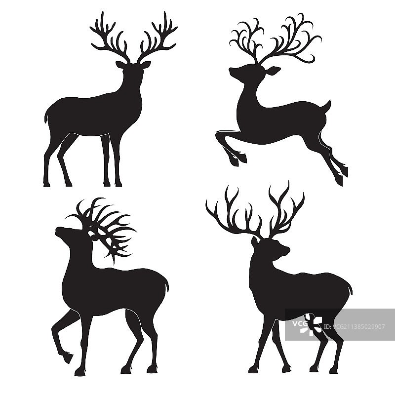 一组圣诞鹿的剪影在白色图片素材