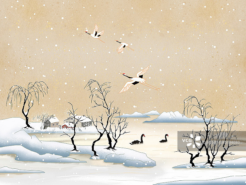 中国风水墨山水画下雪天池塘里的鸭子与天上的飞鹤图片素材