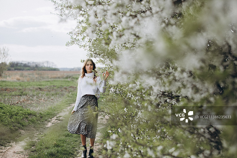 春天的肖像，一个年轻的女孩与长卷发在一个盛开的花园，乌克兰图片素材