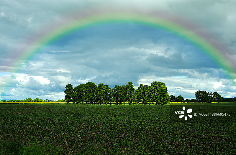 风景如画的彩虹在田野和天空的映衬下图片素材