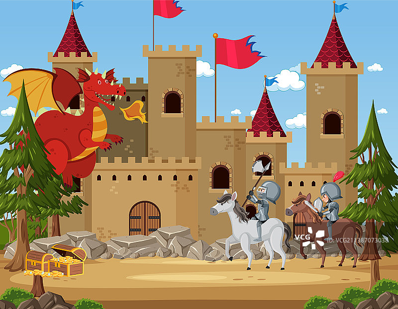 骑士们在城堡里与龙搏斗图片素材
