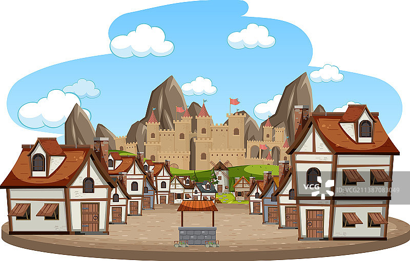 中世纪的村庄场景在白色的背景图片素材