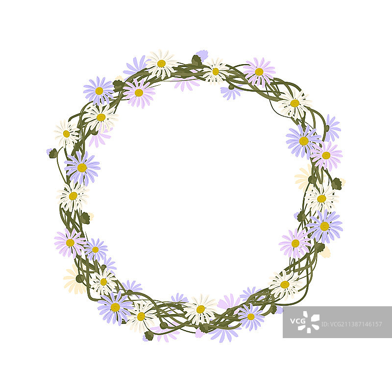 雏菊花环圆框可爱的紫色和白色图片素材