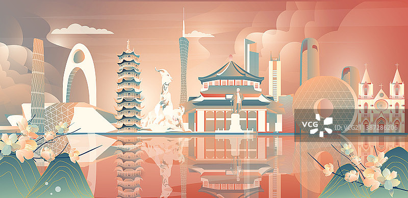广州国潮风古代现代地标建筑群矢量插画图片素材