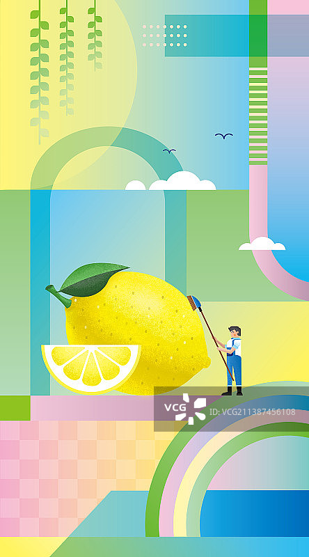 柠檬与小人几何构成插画壁纸图片素材