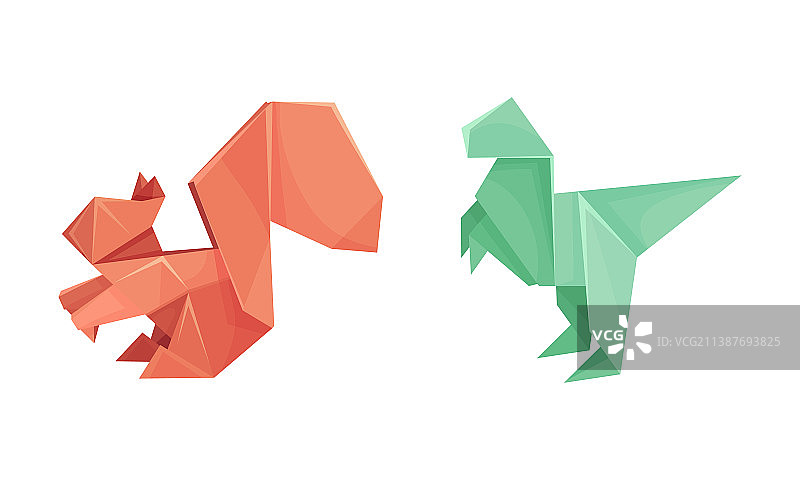 彩色折纸动物设置恐龙和松鼠图片素材