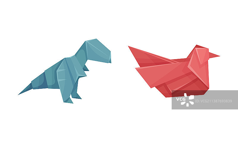 彩色折纸动物设置恐龙和鸟图片素材