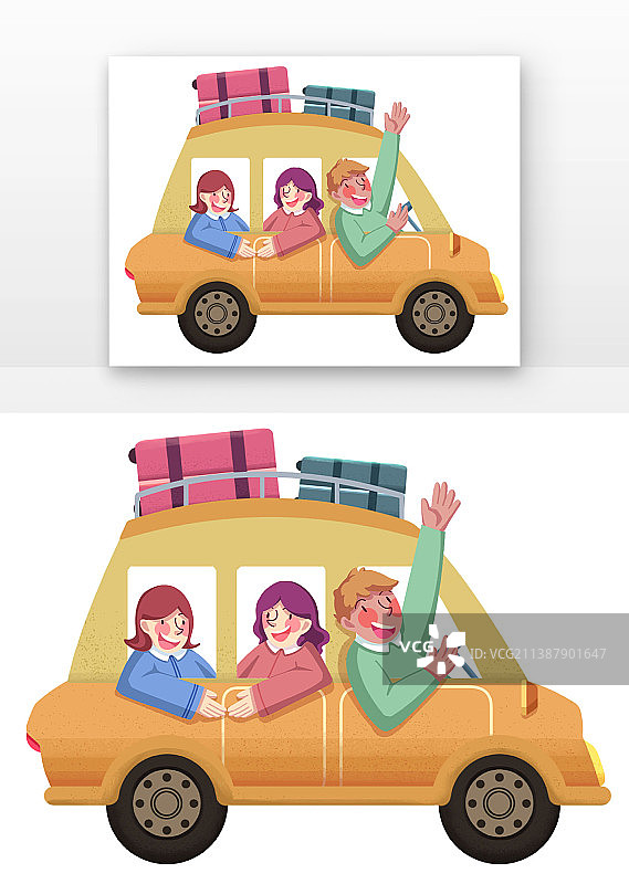 卡通男孩女孩旅游日驾车旅行图片素材