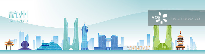 杭州城市地标建筑矢量剪影插画图片素材