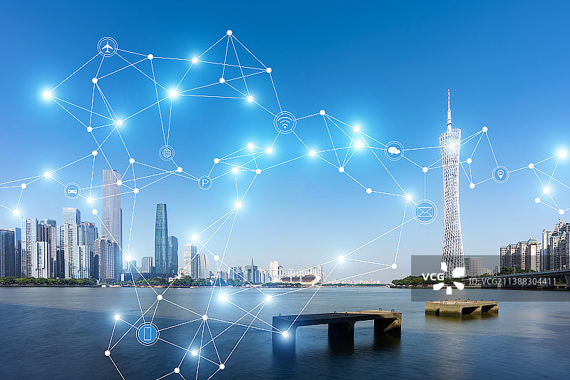 广州城市天际线和5G科技人工智能概念图片素材