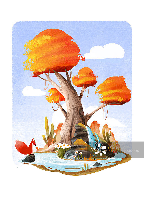 秋天自然场景插画植物动物河流树木图片素材