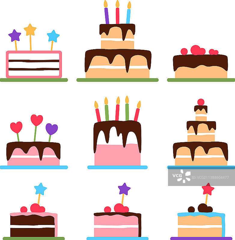 生日蛋糕与蜡烛节日平图标设置图片素材