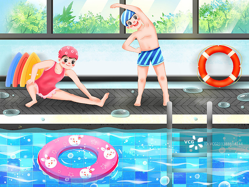 大暑游泳热身儿童游泳培训插画图片素材