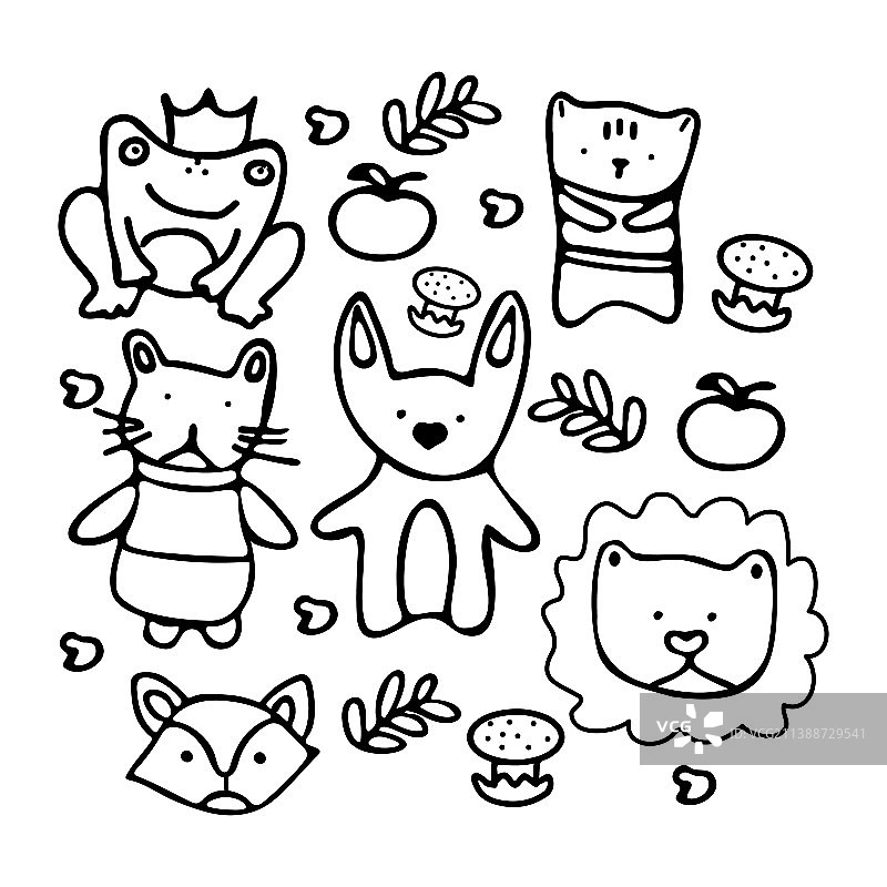 一组动物在一个风格的涂鸦图片素材