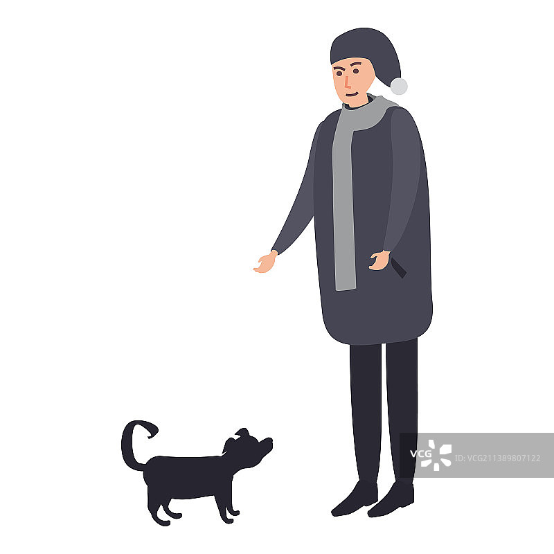 冬天寒冷的时候，男人带着狗的衣服帽子图片素材