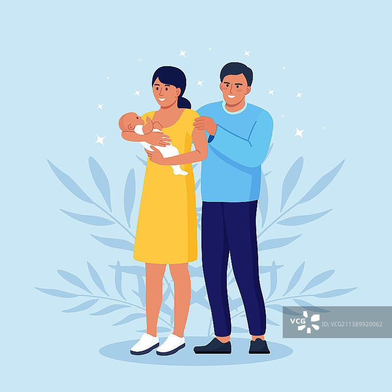 一对幸福的年轻夫妇拥抱着他们的新生儿图片素材