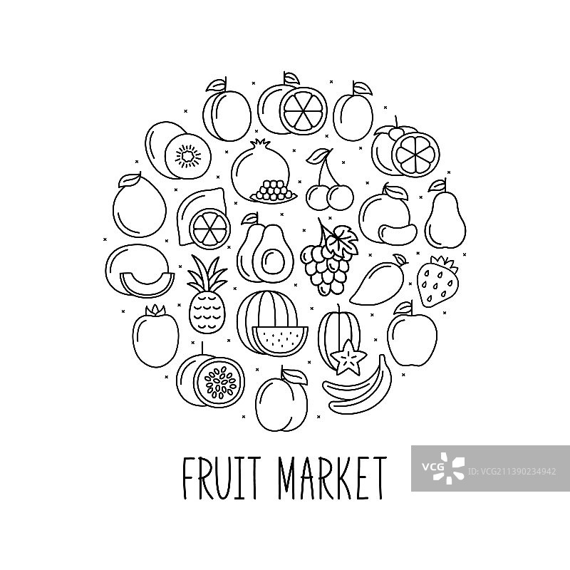 圆形横幅与水果图标在线性风格图片素材
