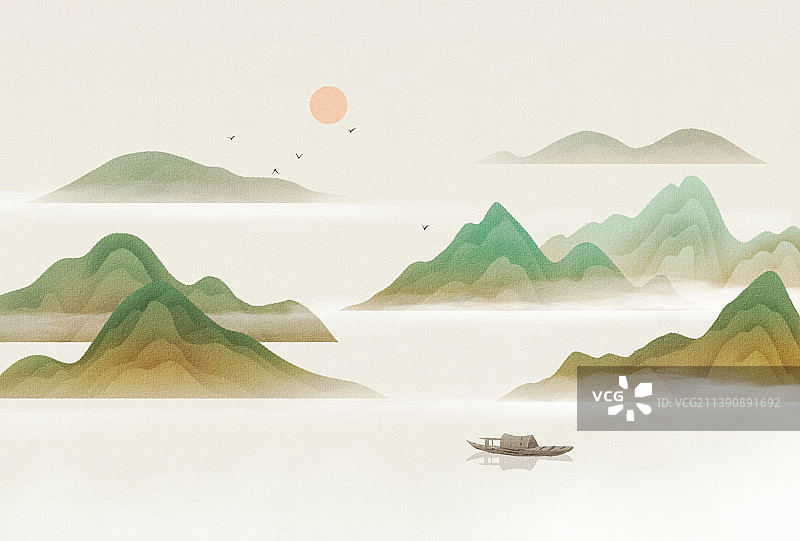 新中式风格青绿山水风景插画图片素材