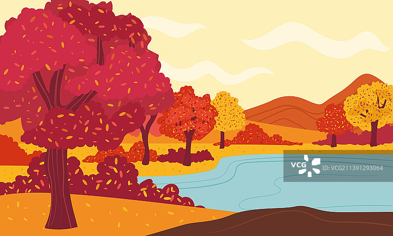 秋天的湖泊和树木的景观图片素材