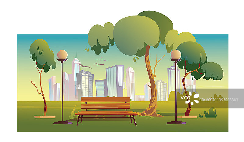 有木长椅和绿树的城市公园图片素材