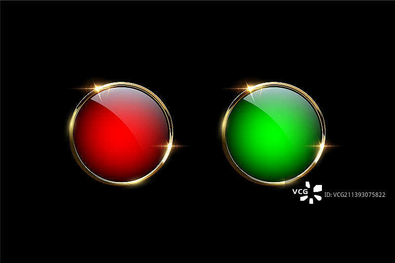 红色和绿色的按钮与黄金戒指隔离图片素材