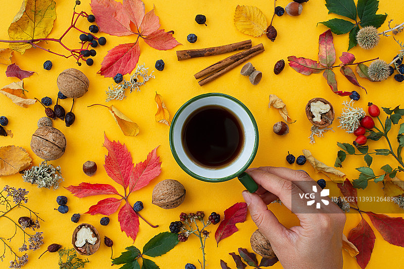 裁剪手拿茶杯围绕秋天的叶子花在黄色的桌子图片素材