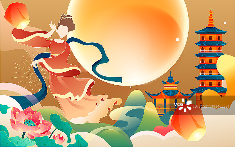 八月十五中秋节嫦娥奔月传统节日中国风插画图片素材