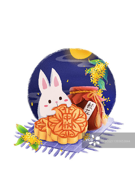 中秋节赏月 月兔抱月饼倚靠桂花酒图片素材