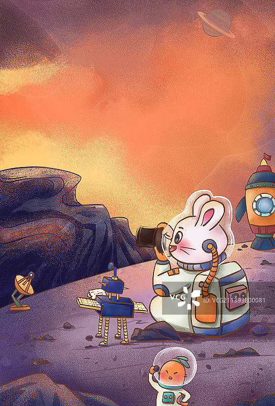 在火星探测的宇宙兔子插画图片素材