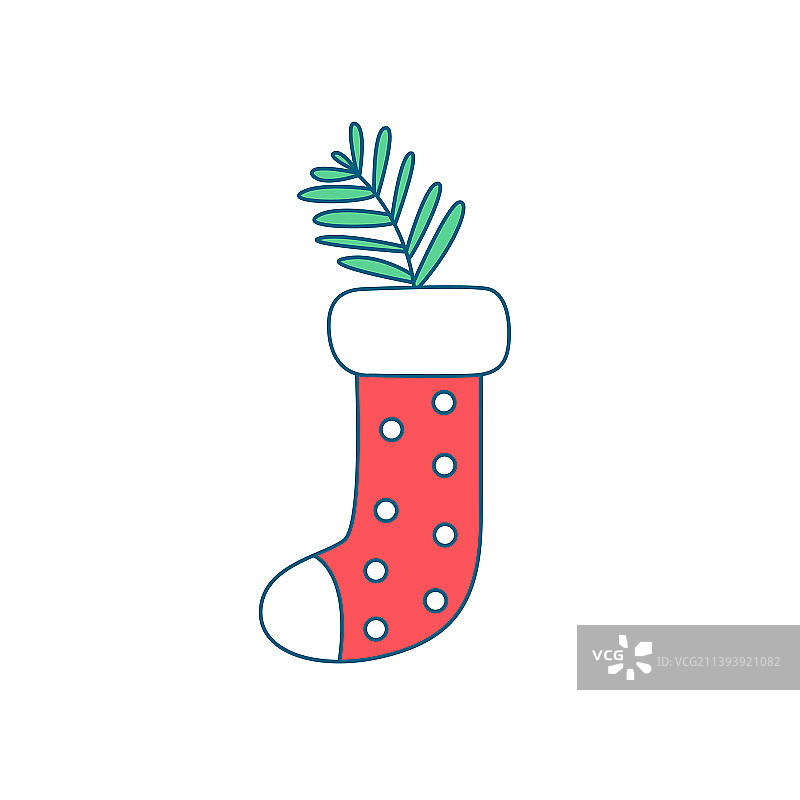 以针叶树树枝作为新年礼物的袜子图片素材