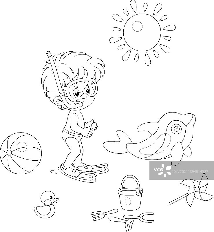 小男孩和一套有趣的沙滩玩具图片素材