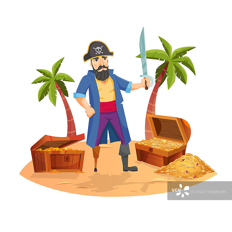 海盗组成与岛屿景观卡通图片素材