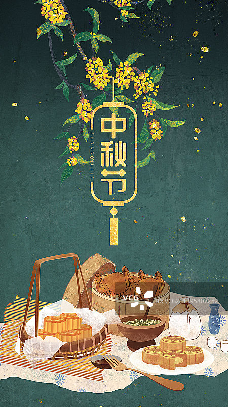 传统节日中秋节螃蟹桂花酒月饼和灯笼图片素材