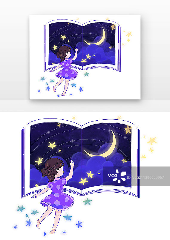 紫色波点裙小女孩在梦幻星空书本上作画图片素材