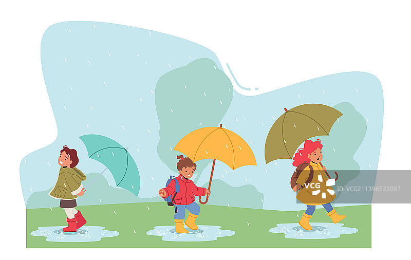 快乐的孩子们在伞下奔跑，男孩和女孩图片素材