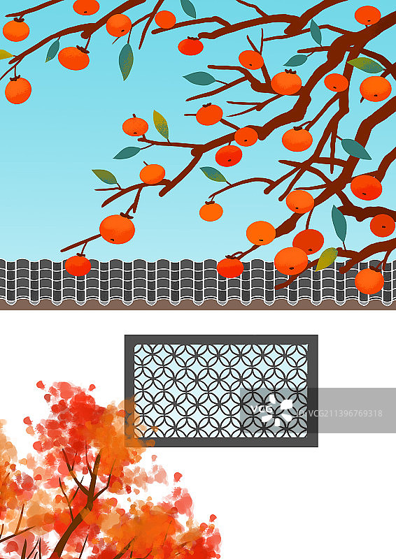 秋天节气霜降寒露柿子树建筑红叶图片素材