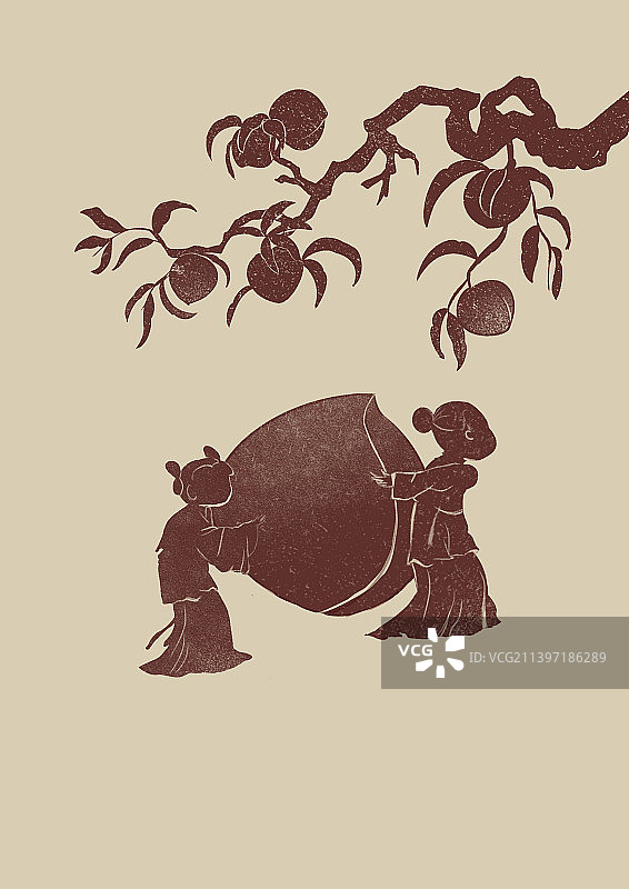 版画复古风献寿寿桃儿童桃树中国风插画图片素材