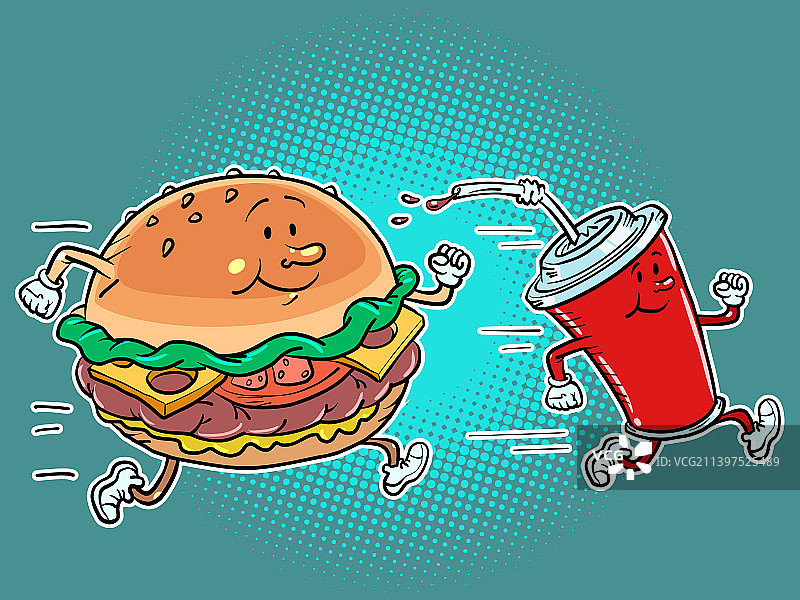 快餐人物汉堡和可乐饮料跑图片素材