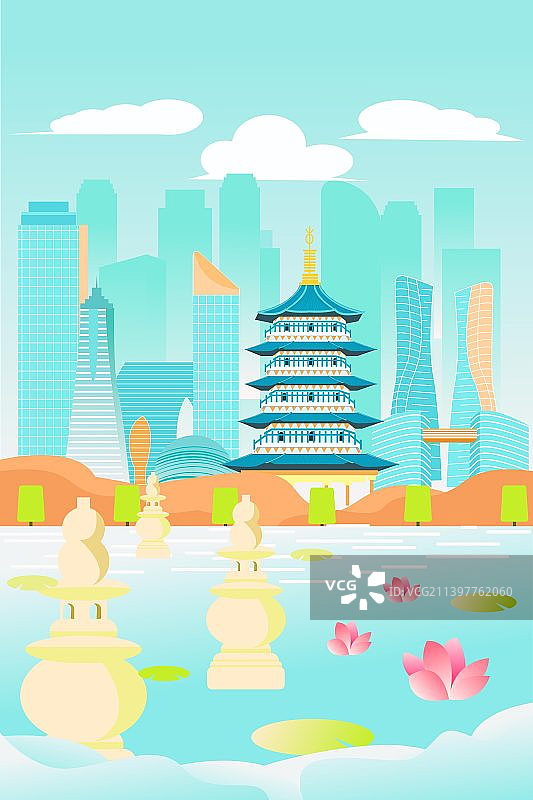 杭州城市建筑高楼雷峰塔环球中心国际会议中心三潭印月矢量插画图片素材