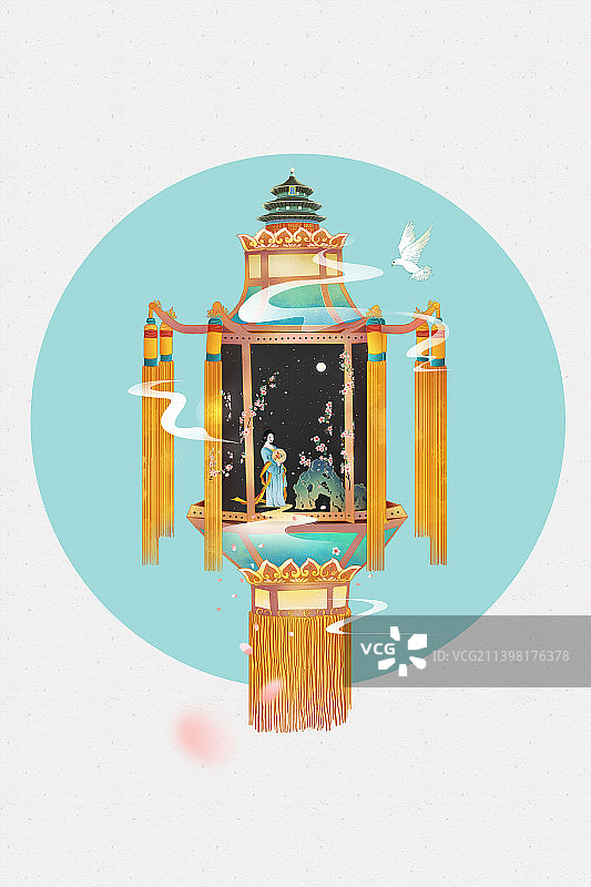 中国风插画 古老的北京宫灯里仕女赏桃花图片素材