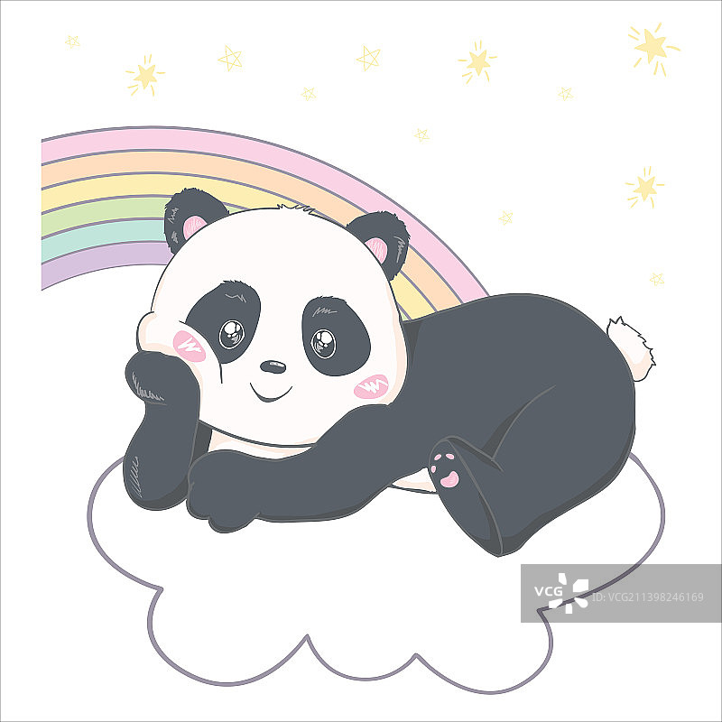 手绘可爱的熊猫独角兽和彩虹图片素材