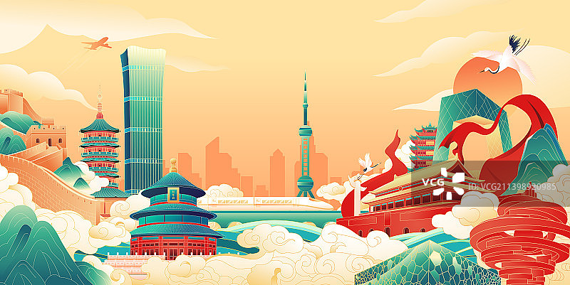 国风国庆节旅行出游插画矢量海报图片素材